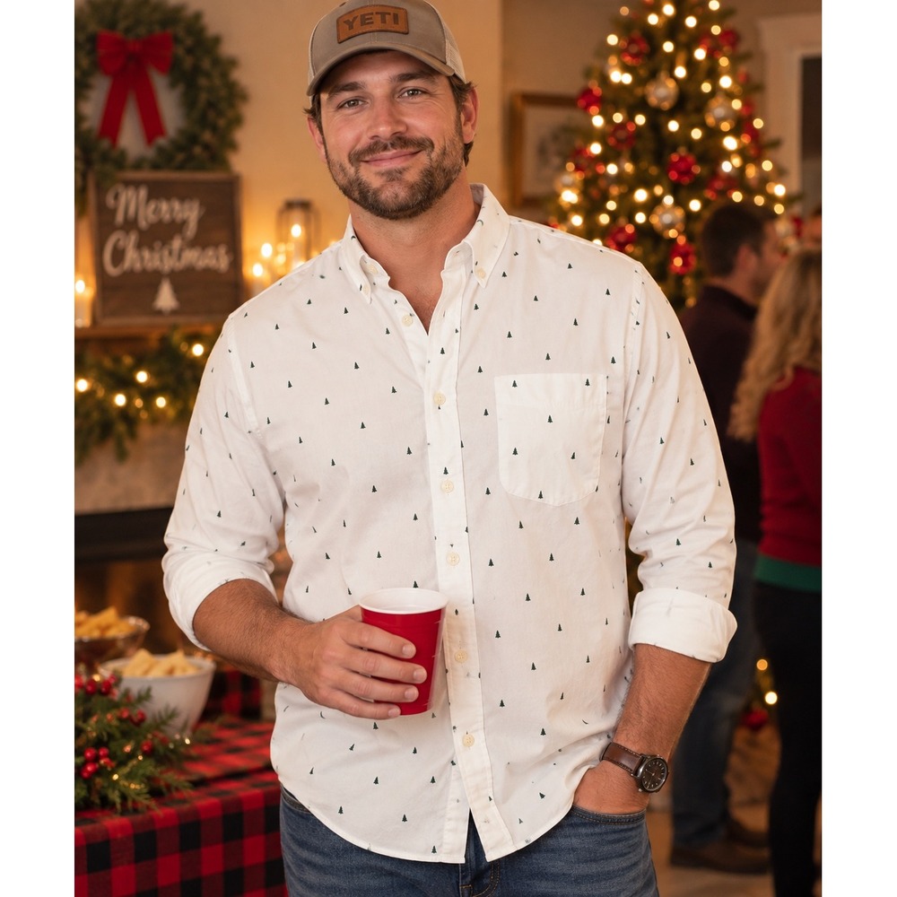 Crown & Ivy Mens XL White Christmas Tree Motion Flex Shirt NWT